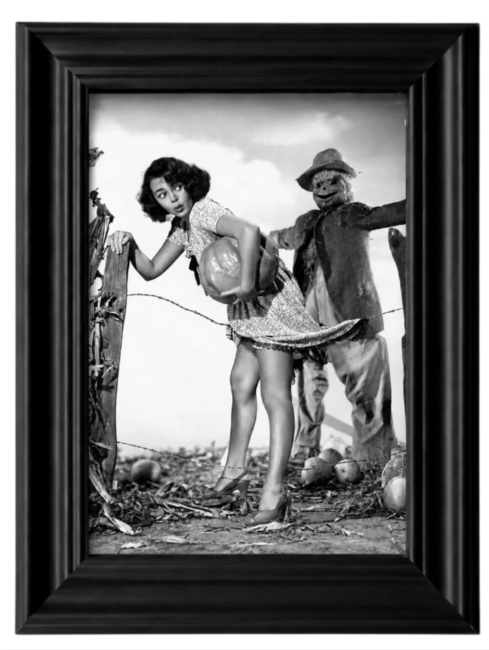 Beautiful Halloween girl with pumpkin pin up With Scarecrow, funny Fall Framed